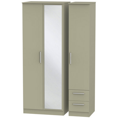  - Trent Tall Triple Mirror Side Drawer Wardrobe In Mushroom Gloss & Mushroom Matt (Ready Assembled)