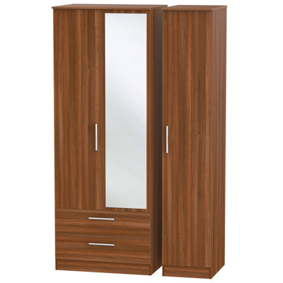  - Trent Tall Triple 2 Drawer Mirrored Wardrobe In Noche Walnut (Ready Assembled)
