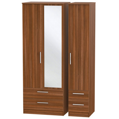  - Trent Tall Triple 4 Drawer Mirror Wardrobe In Noche Walnut (Ready Assembled)