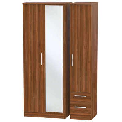  - Trent Tall Triple Mirror Side Drawer Wardrobe In Noche Walnut (Ready Assembled)