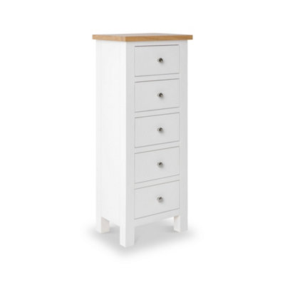 Farro White 5 Drawer Tallboy Chest Fully AssembledPainted With Oak Top By Roseland Furniture from B&Q