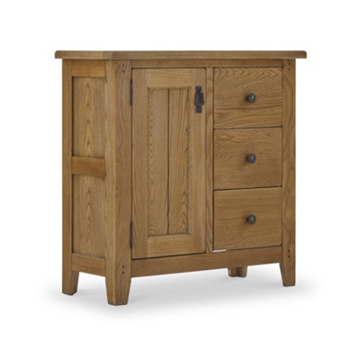 Roseland Furniture Grain Broadway Solid Oak Mini Sideboard Cabinet With Side Drawers Fully Assembled - By Size 1