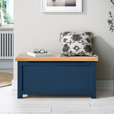 Farro Navy Blue Ottoman Blanket BoxPainted With Oak TopFully Assembled By Roseland Furniture from B&Q