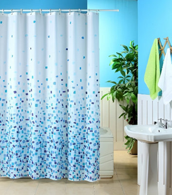 Kav Mosaic Blue On A White Background Polyester Shower Curtain Including 12 White Shower Curtain Rings (180 X 180)