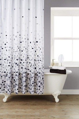 Kav Vibrant Mosaic Grey Extra Wide (220Cm) Shower Curtain On A White Background Including 12 Shower Curtain Hooks (220 X 180)
