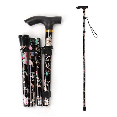 Kav Walking StickEasy Adjustable Height Folding Extendable Walking CaneLightweight And Durable  Walking Stick (Black Floral) from B&Q