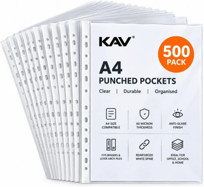 B&Q -  A4 Punched Pockets 500 Pack60 Micron Clear Document Sleeves With White Reinforced SpineAnti-Glare Plastic Wallet For Files
