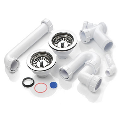 Astini 90mm Stainless Steel Basket Strainer Waste & 2-Bowl Plumbing Kit Wpak3 (1.5/2-BowlNo Overflow) from B&Q