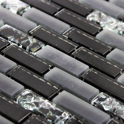 Luxury Gloss BlackMatt Grey & Crackled Glass Mosaic Wall Tiles Sheet 8mm from B&Q