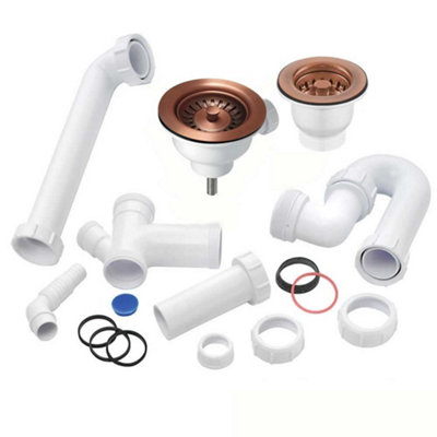 Astini Rak Rangemaster 1.5 Bowl Stainless Steel Basket Strainer Waste & 2-Bowl Plumbing Kit No Overflow from B&Q