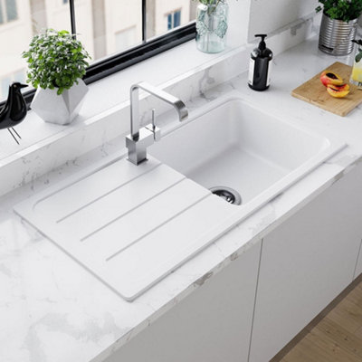 Astini Elmo 100L 1.0-Bowl Reversible Granite Composite Kitchen Sink1000 X 500 mmWhite MattInset With 90 mm Waste Kit from B&Q