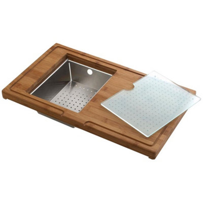 Astini 3Pc Sink Prep StationBamboo Chopping BoardStainless Steel Colander & Glass Platter (540 X 300mm) from B&Q