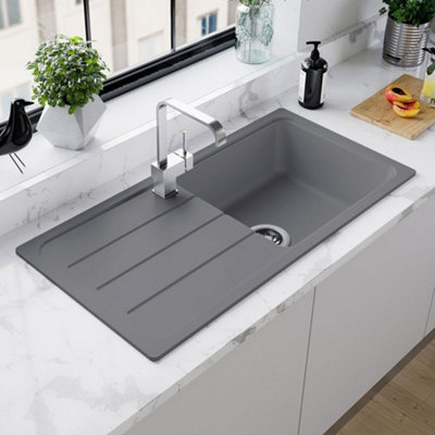 Astini Elmo 100L Granite Composite 1-Bowl Reversible Kitchen Sink With 5E TapGrey MattInset2 Tap Holes90mm Waste from B&Q