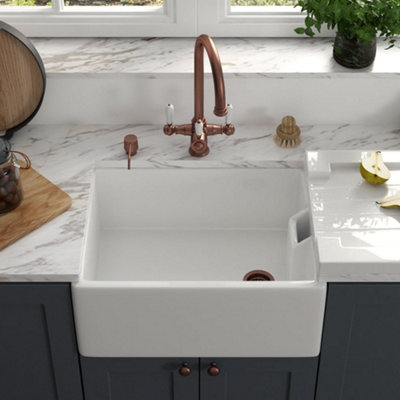 Astini Belfast 100 1-Bowl White Ceramic Sit-On Kitchen Sink With 65mm Basket Strainer from B&Q