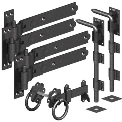Driveway Gate Hardware Kit 16 Inch Cranked Hook And Band Hinges Gate Latch & Bolts Epoxy Black 2 Pair from B&Q