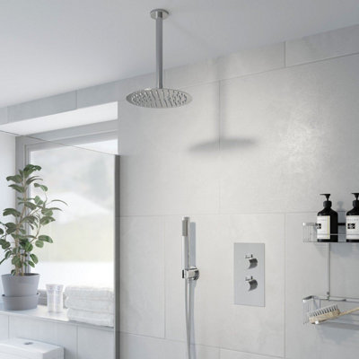 Affine Thermostatic Concealed Round Shower Ceiling Mounted Pencil Handset Shower Head from B&Q