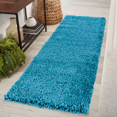 Desire Rugs Plain Living Room Shaggy Area Rugs Teal Runner 60X220 Cm from B&Q