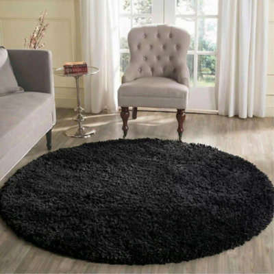  - Desire Rugs Plain Living Room Shaggy Area Rugs Black Round 120X120 Cm