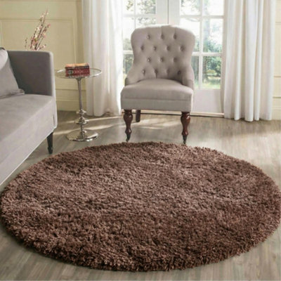  - Desire Rugs Plain Living Room Shaggy Area Rugs D.beige Round 120X120 Cm