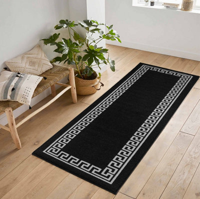 Machine Washable Greek Key Design Anti Slip Doormats Black 80X300 Cm from B&Q