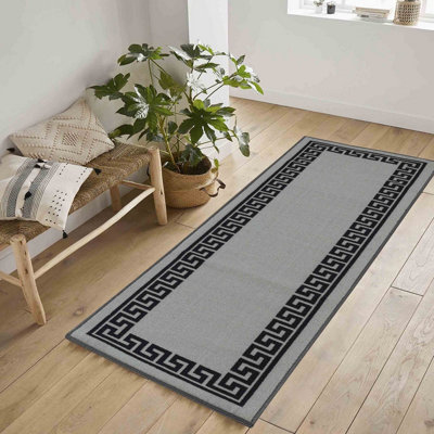 Machine Washable Greek Key Design Anti Slip Doormats Grey 80X300 Cm from B&Q