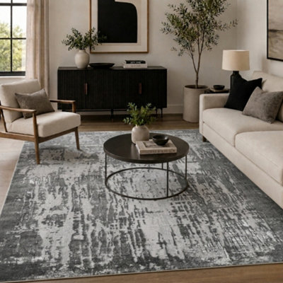 B&Q Grey Serenity Modern Abstract Abrasion Contemporary Area Rugs 80X150 Cm