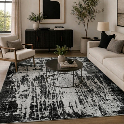 B&Q Serenity Modern Abstract Abrasion Contemporary Area Rugs 80X150 Cm Black
