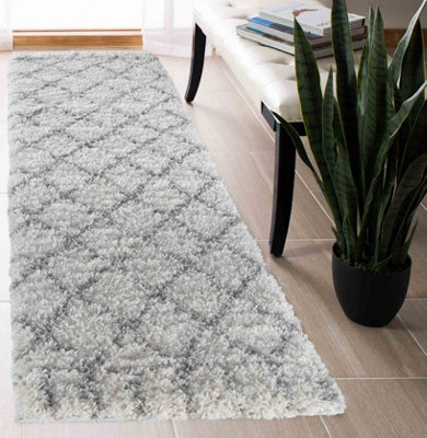  - Moroccan Berber Shaggy Rugs Living Room Diamond Design Light Cream 60X220 Cm