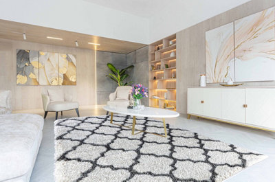  - Moroccan Berber Shaggy Rugs Living Room Trellis Dark Cream 80X150 Cm