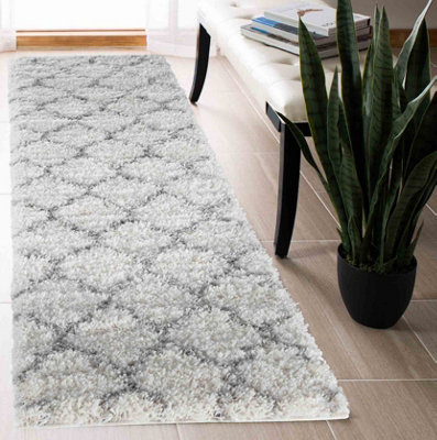  - Moroccan Berber Shaggy Rugs Living Room Trellis Light Cream 60X220 Cm
