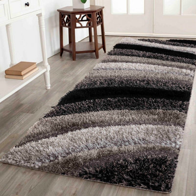 Modern Soft Waves Shimmer Shaggy Area Rugs Grey 60X220 Cm from B&Q