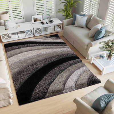 Modern Soft Waves Shimmer Shaggy Area Rugs Grey 120X170 Cm from B&Q