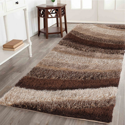 Modern Soft Waves Shimmer Shaggy Area Rugs Bronze 60X220 Cm from B&Q