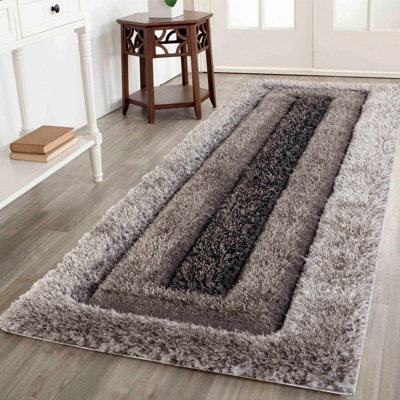 Modern Soft Bordered Shimmer Shaggy Area Rugs Grey 60X220 Cm from B&Q