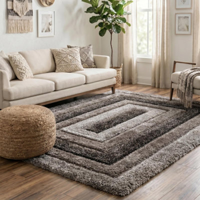 B&Q Modern Soft Bordered Shimmer Shaggy Area Rugs 120X170 Cm Grey
