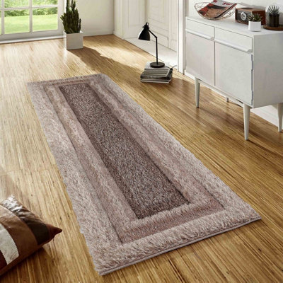 Modern Soft Bordered Shimmer Shaggy Area Rugs Bronze 60X220 Cm from B&Q