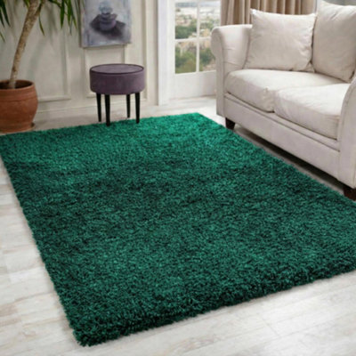 B&Q Desire Rugs Plain Living Room Shaggy Area Rugs Emerald 60X110 Cm