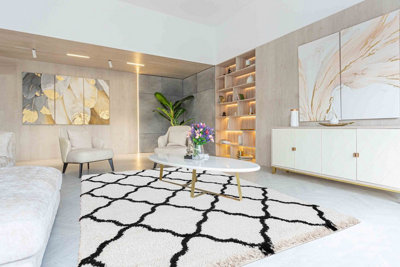  - Moroccan Berber Shaggy Rugs Living Room Bold Trellis Stone 80X150 Cm