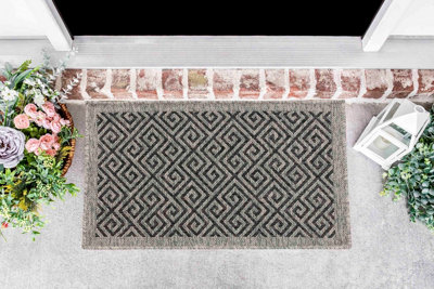 Modern Harper Greek Key Design Outdoor-Indoor Rugs Dark Grey 50X80 Cm from B&Q