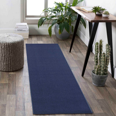 Simple Low Pile Modern Tufted Area Rugs For Living Room With Felt Backing Navy 60X220 Cm from B&Q