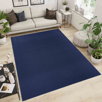 B&Q Simple Low Pile Modern Tufted Area Rugs For Living Room With Felt Backing Navy 80X150 Cm