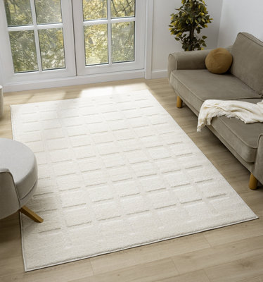 B&Q Aya Living Room Area Rugs - Embossed Cubed Design 80Cm X 150Cm Cream