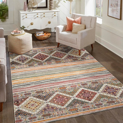 B&Q Aress Washable Traditional Living Room Area Rug -Low Pile Aztec Design Muti Coloured X 170Cm 120Cm