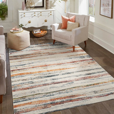 B&Q Aress Washable Modern Living Room Area Rug -Low Pile Line Design Muti Coloured 120Cm X 170Cm