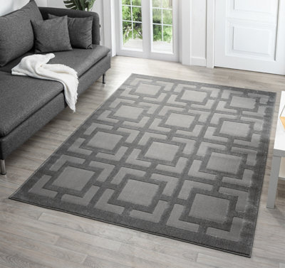 B&Q Vellure Modern Indoor Living Room Area Rug Embossed Metallic Sheen Maze Design 200X290 Cm Grey
