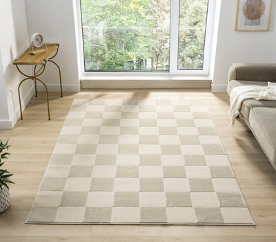 B&Q Vellure Modern Indoor Living Room Area Rug Embossed Metallic Sheen Grid Design 200X290 Cm Cream