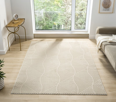 B&Q Vellure Modern Indoor Living Room Area Rug Embossed Metallic Sheen Pyramid Design 200X290 Cm Cream
