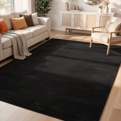 B&Q Black Comfy Washable Low Pile Living Room Area Rug - Anti-Slip Felt Backing X 280Cm 200Cm