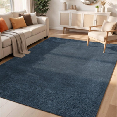  - Comfy Washable Low Pile Living Room Area RugAnti-Slip Felt Backing Navy 120Cm X 160Cm