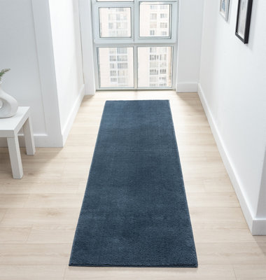 B&Q Comfy Washable Low Pile Living Room Area Rug - Anti-Slip Felt Backing Navy 60Cm X 200Cm